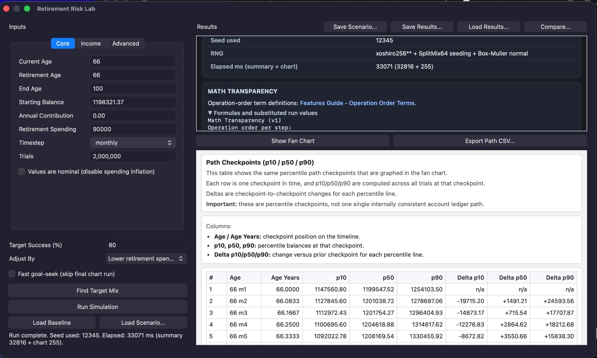 Math Transparency block and path checkpoint table showing formulas and worked example